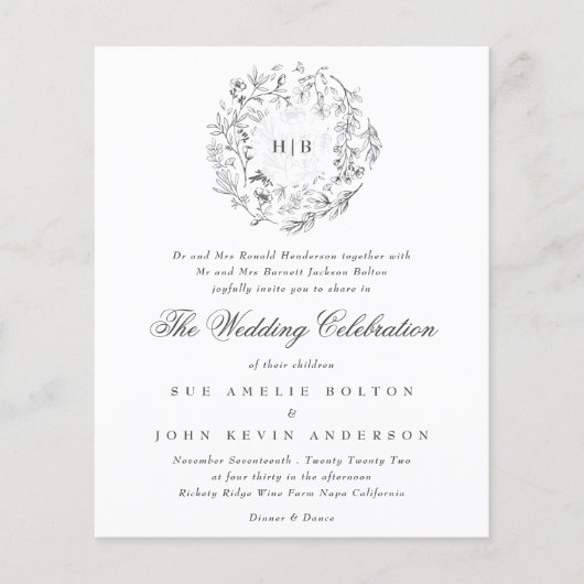 Monogram Classic Botanical Florals Budget Hochzeit Flyer (Vorne)