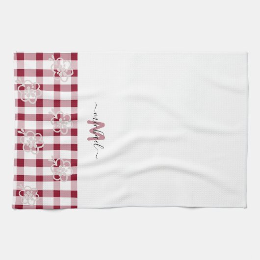 Monogram Classic Elegant Minimal Rot und Weiß Geschirrtuch (Horizontal)