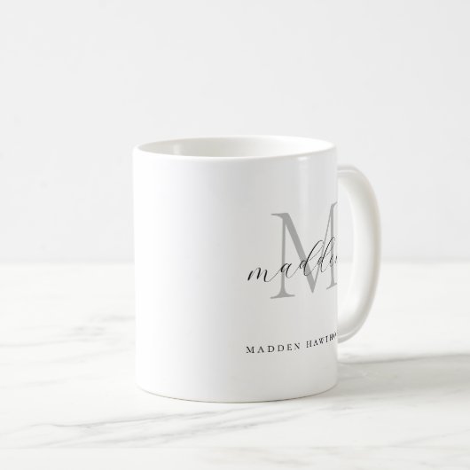 Monogram Classic Elegant Schwarz-weißer Skriptname Kaffeetasse (VorderseiteRechts)