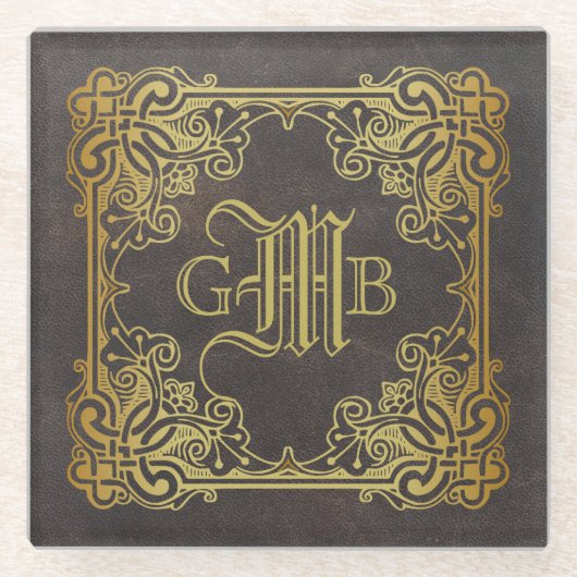 Monogram Classic Gold Frame Antique Leder Glasuntersetzer (Vorderseite)
