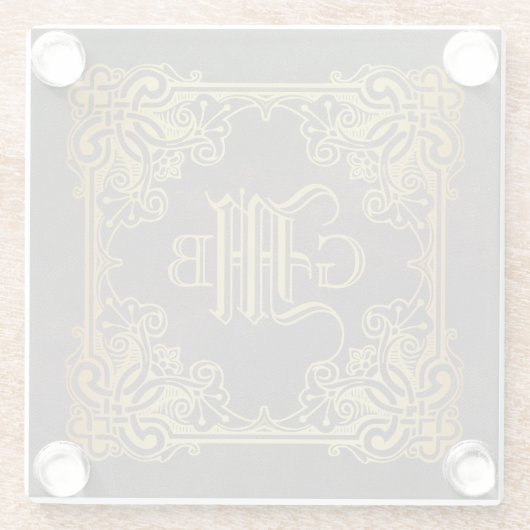Monogram Classic Gold Frame Antique Leder Glasuntersetzer (Rückseite)