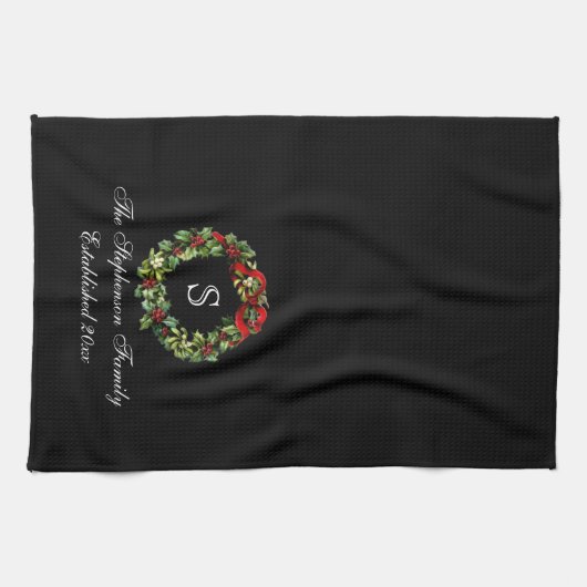 Monogram Classic Holly Wreath Custom Christmas Geschirrtuch (Horizontal)