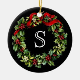Monogram Classic Holly Wreath Custom Christmas Keramikornament