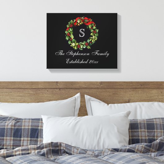 Monogram Classic Holly Wreath Custom Christmas Leinwanddruck (Insitu (Schlafzimmer))