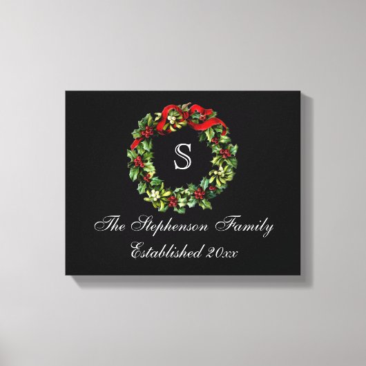 Monogram Classic Holly Wreath Custom Christmas Leinwanddruck (Vorderseite)