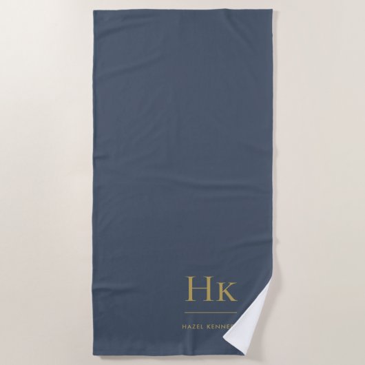 Monogram Classic Simple Navy Blue Gold Mit Monogra Strandtuch (Vorderseite)