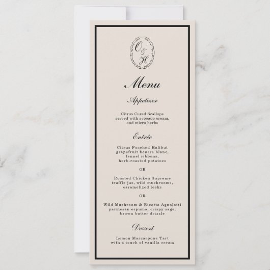 Monogram Classic Wedding Classic Long Menu Card Einladung (Vorderseite)