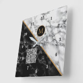 Monogram Clock your QR Code - Schwarz-weißer Marmo Quadratische Wanduhr (Winkel)