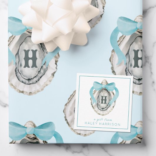 Monogram Coastal Blue Bow Oyster Mitteilungskarte