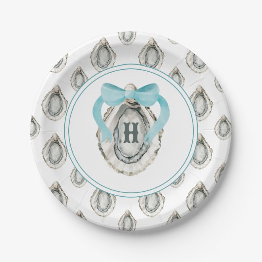 Monogram Coastal Blue Bow Oyster Pappteller (Vorderseite)