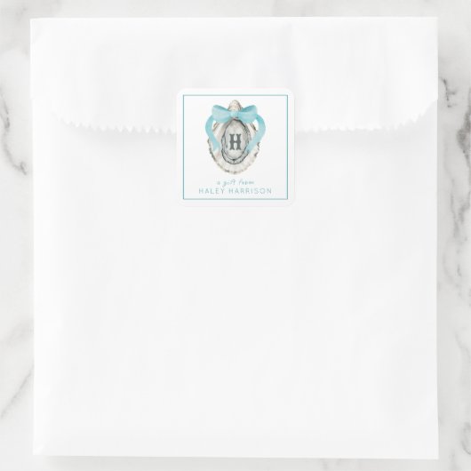 Monogram Coastal Blue Bow Oyster Quadratischer Aufkleber (Tasche)