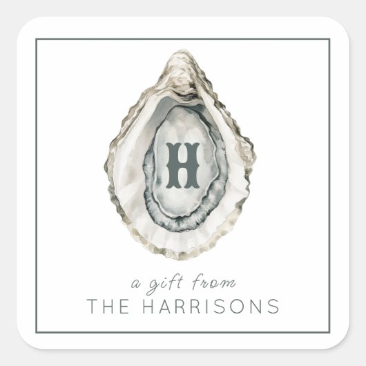 Monogram Coastal Oyster Quadratischer Aufkleber (Vorderseite)