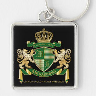 Monogram Coat of Arms Green Gold Lion Crown Emblem Schlüsselanhänger