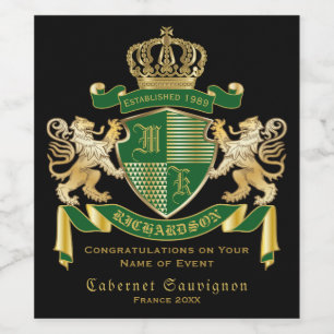 Monogram Coat of Arms Green Gold Lion Crown Emblem Weinetikett