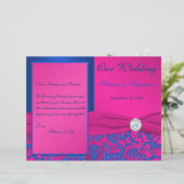 Monogram Cobalt and Fuchsia Damask Wedding Program (Stehend Vorderseite)