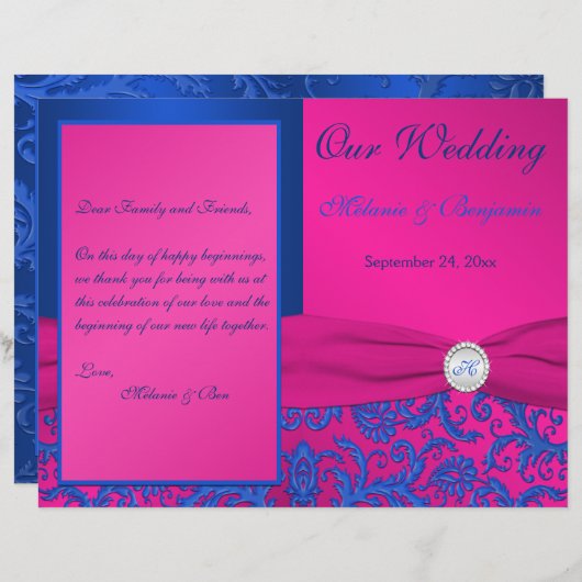 Monogram Cobalt and Fuchsia Damask Wedding Program (Vorne/Hinten)
