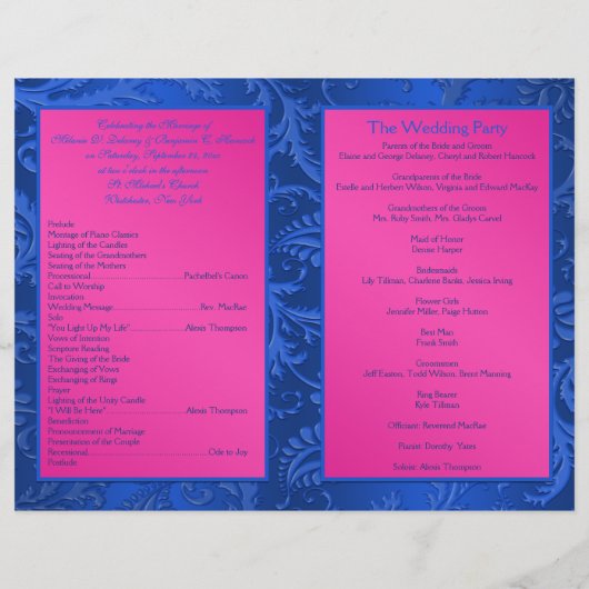 Monogram Cobalt and Fuchsia Damask Wedding Program (Rückseite)
