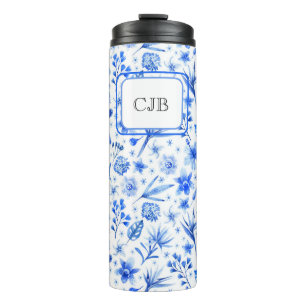 Monogram Cobalt Blue Flowers & Blätter Muster 11oz Thermosbecher