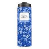 Monogram Cobalt Blue Flowers & Blätter Muster 11oz Thermosbecher (Vorderseite)