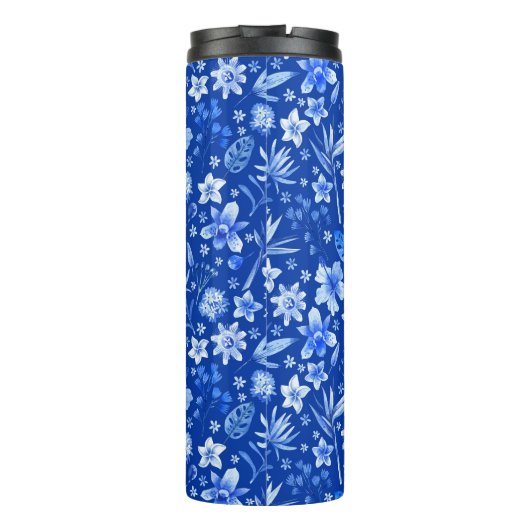 Monogram Cobalt Blue Flowers & Blätter Muster 11oz Thermosbecher (Rückseite)