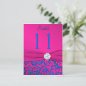 Monogram Cobalt und Fuchsia Damask Table Number Postkarte (Stehend Vorderseite)