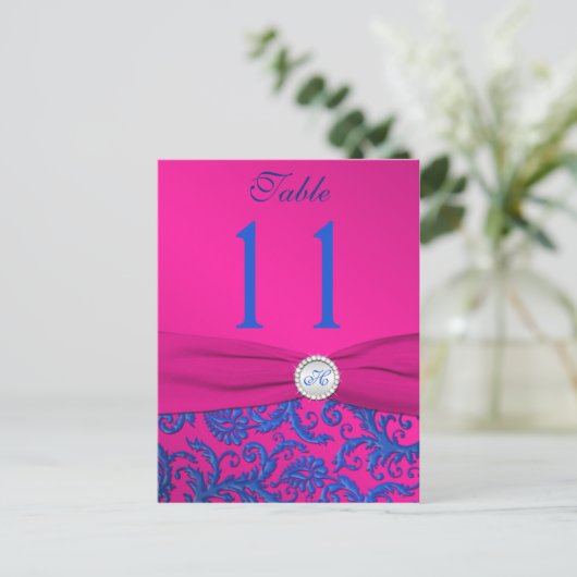 Monogram Cobalt und Fuchsia Damask Table Number Postkarte (Stehend Vorderseite)