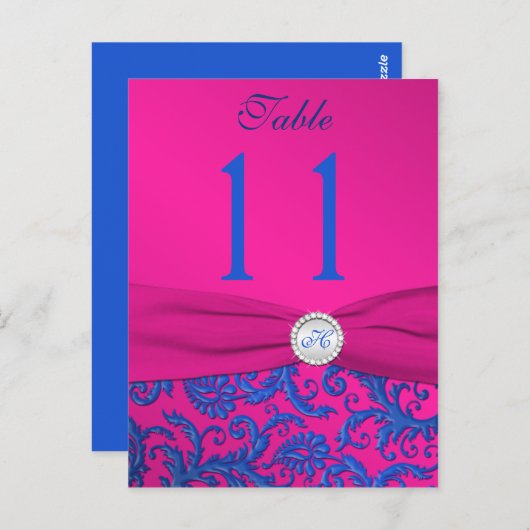 Monogram Cobalt und Fuchsia Damask Table Number Postkarte (Vorne/Hinten)