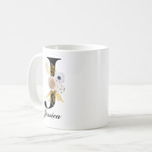 Monogram Coffee Tasse - Initial J Black Floral (Vorderseite Links)