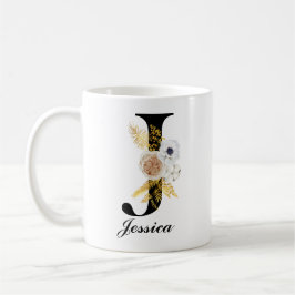 Monogram Coffee Tasse - Initial J Black Floral