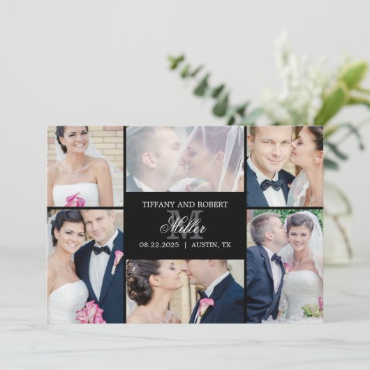 Monogram Collage Foto Wedding Ankündigung (Stehend Vorderseite)