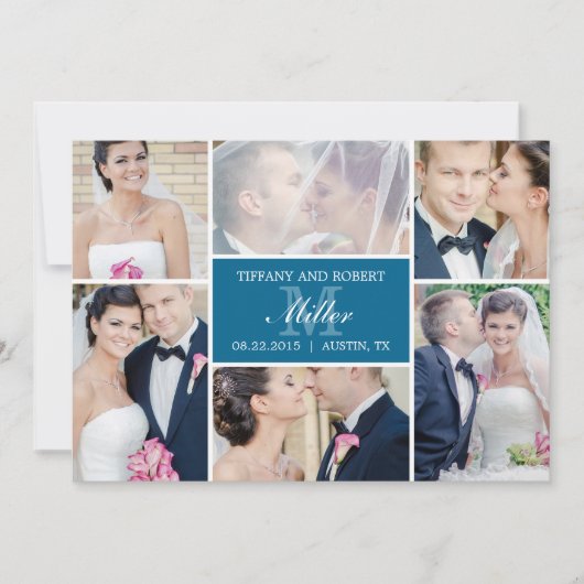 Monogram Collage Wedding Announcement - Blue Einladung (Vorderseite)