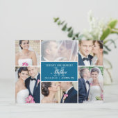 Monogram Collage Wedding Announcement - Blue Einladung (Stehend Vorderseite)