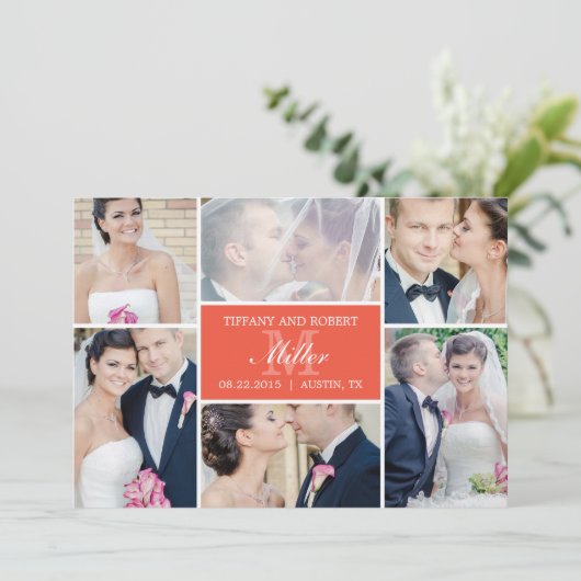Monogram Collage Wedding Announcement - Coral Einladung (Stehend Vorderseite)