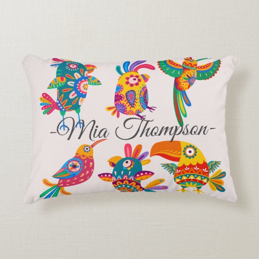 Monogram colorful and cute folk art birds dekokissen (Vorderseite)