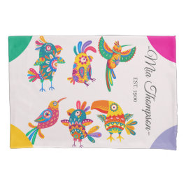 Monogram colorful folk art birds Pink Green yellow Kissenbezug