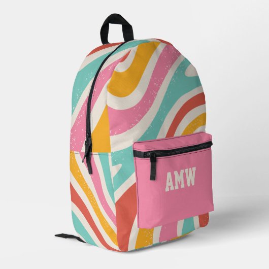  Monogram Colorful Retro Wavy Stripes Bedruckter Rucksack (Rückseitige Ecke links)