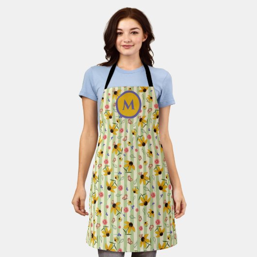Monogram Coneflower Butterfly All-Over Print Apron Schürze (Getragen)