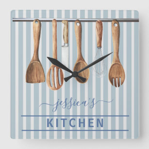 Monogram Cook Kitchen Watercolor Utensils Quadratische Wanduhr