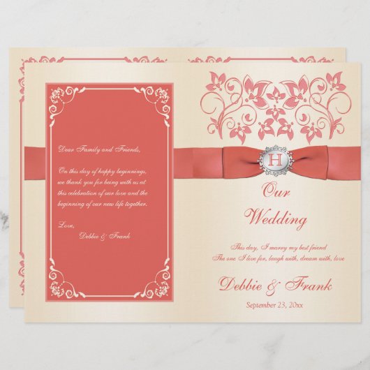 Monogram Coral, Champagner Wedding Program (Vorne/Hinten)