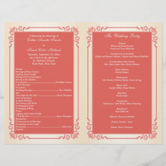 Monogram Coral, Champagner Wedding Program (Rückseite)