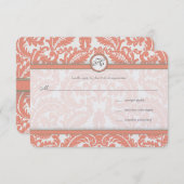 Monogram Coral & Gray Damask Wedding UAWG RSVP Karte (Vorne/Hinten)