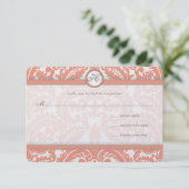 Monogram Coral & Gray Damask Wedding UAWG RSVP Karte (Stehend Vorderseite)