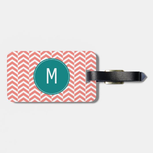 Monogram Coral Pink mit Aquamarinem Zickzack Muste Gepäckanhänger (Rückseite horizontal)