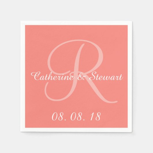 Monogram Coral Pink Stilvolle Farbdesign-Hochzeit Serviette (Vorderseite)