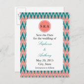 Monogram Coral Pink und Aquamarin Zigzag Save the  Ankündigungspostkarte (Vorne/Hinten)