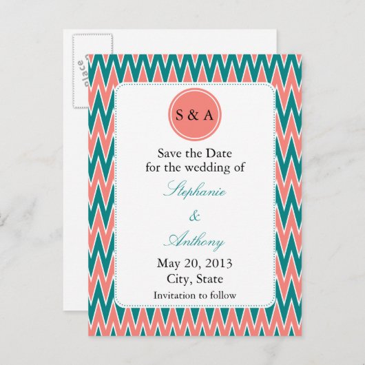 Monogram Coral Pink und Aquamarin Zigzag Save the  Ankündigungspostkarte (Vorne/Hinten)