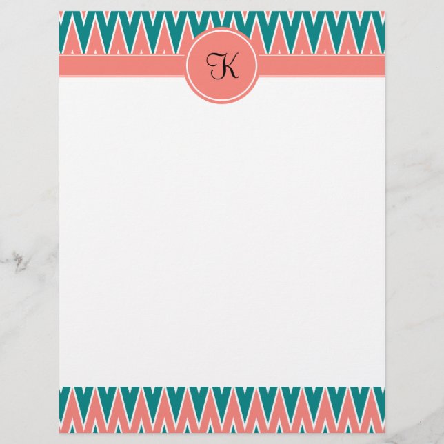 Monogram Coral Pink und Aquamarines Zigzag Muster (Vorderseite)