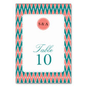 Monogram Coral Pink und Aquamarines Zigzag Muster Tischnummer (Rückseite)