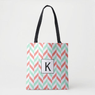 Monogram Coral Pink und Minze Green Herringbone Tasche