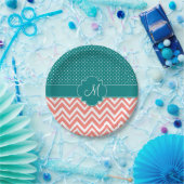 Monogram Coral Zickzack mit Aquamarinem Polka Dot  Pappteller (Party)